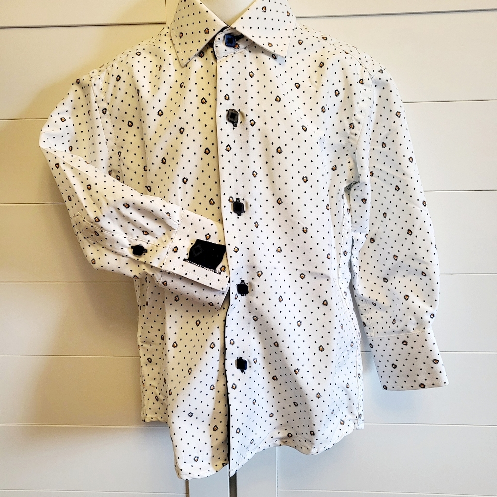 Elie Balleh Toddler Boys Designer Button Up Shirt Sz 3 Blue White Fancy Cuff EUC